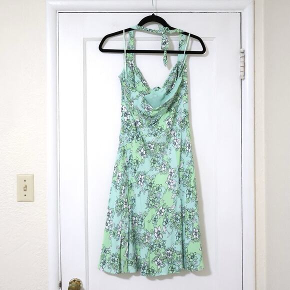 Vintage Ann Taylor Loft Green Floral Halter Mini Dress 6 90s Cocktail Wedding - Picture 6 of 9
